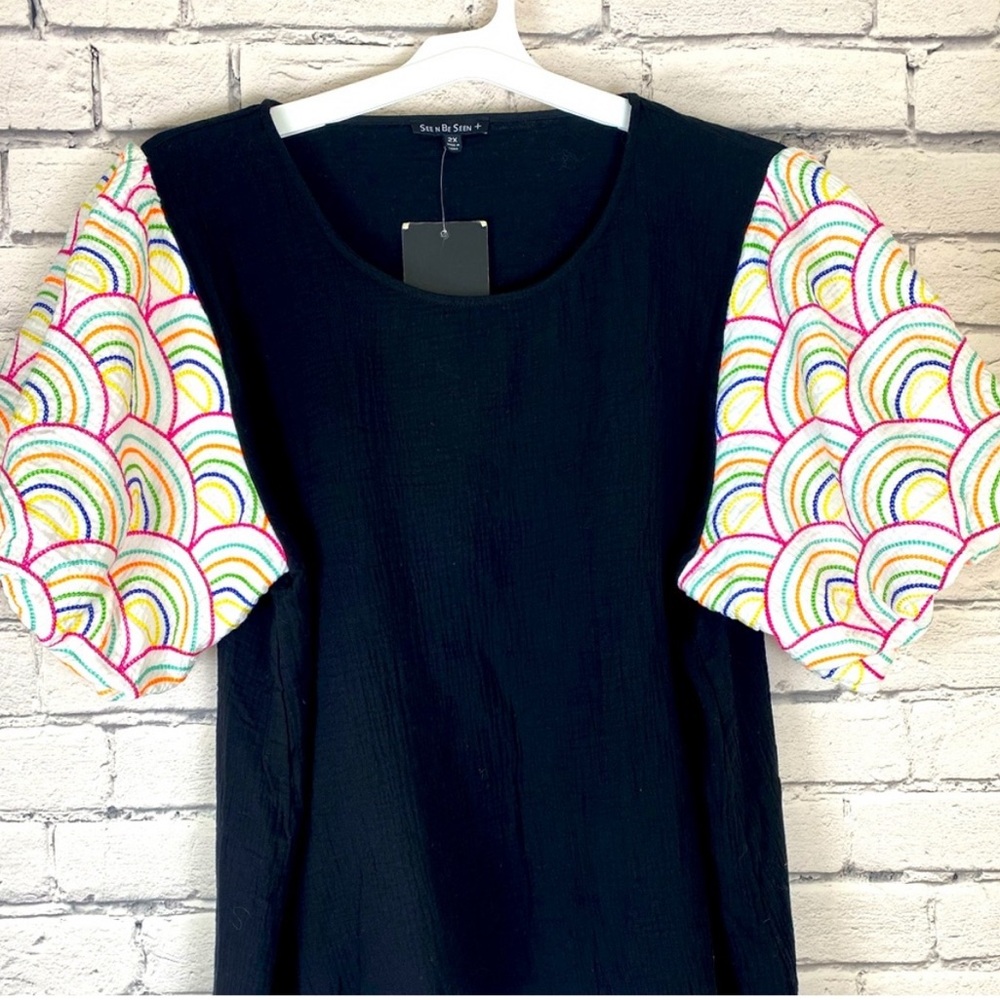 Rainbow embroidered puff sleeve shirt black See and Be Seen